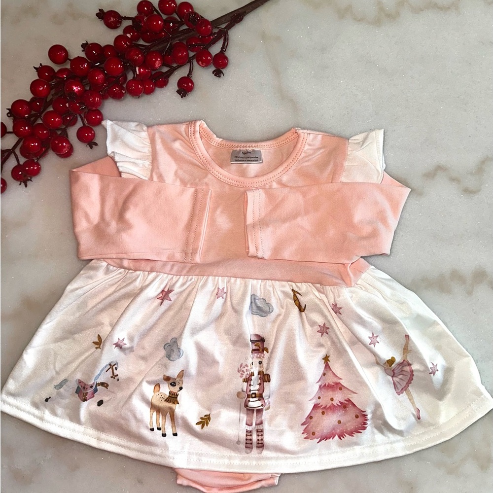 Pink and White Baby Dress with Nutcracker Print